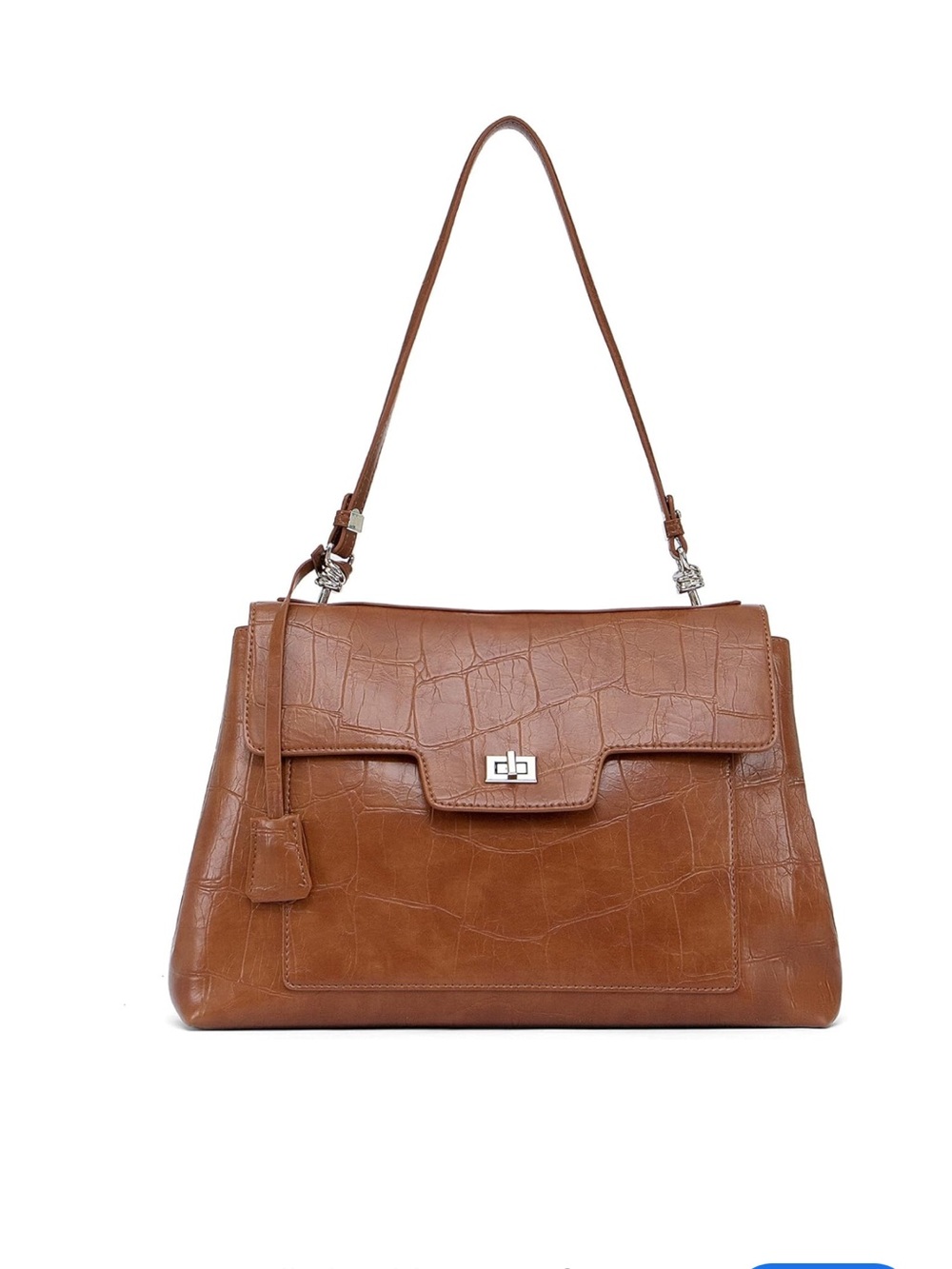 New Cognac Brown Croc-Embossed Shoulder Bag with Turn-Lock